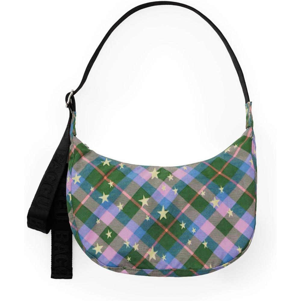 imageBAGGU Medium Nylon Crescent BagGreen Star Plaid