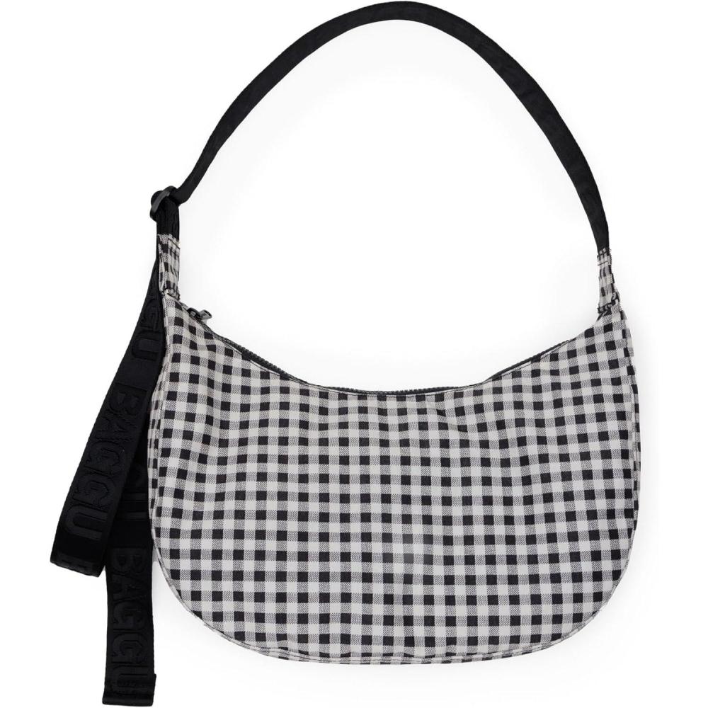 image:imageBAGGU Medium Nylon Crescent Bag  Black amp White Gingham